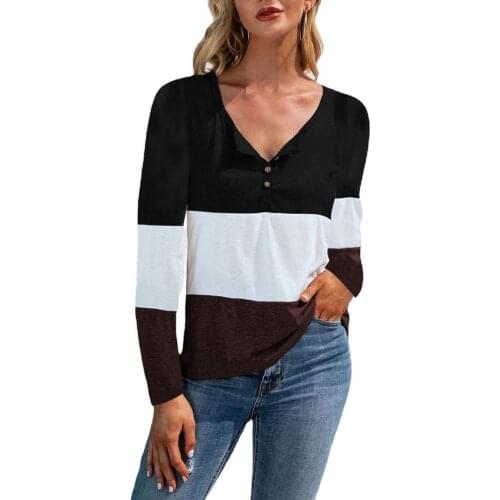 Women Blouse Splicing Contrast Colors Sweatshirt V Neck Stripe Autumn T-shirt for Work
