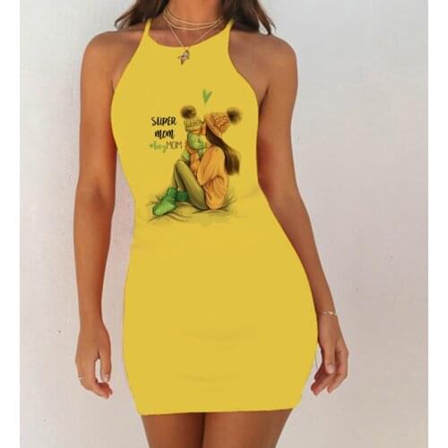 Cartoon Super Mom Love Print Dress Sexy Clothes Summer Dresses Women Strapless Party Bodycon Dress O-Neck Mini Yellow Vestidos