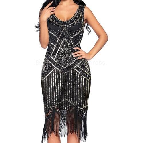 Vintage Womens Flapper Dresses 1920s Sequins Beaded Art Deco Gatsby Party Dress with Sleeveless