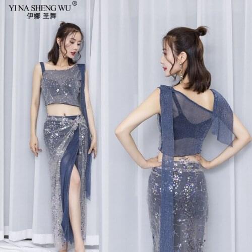 3pcs Belly dance Practice Clothes Color Sequin Mesh Sexy Strapless Top+2 Hipscarf India Oriental Dance Performance Fairy Costume