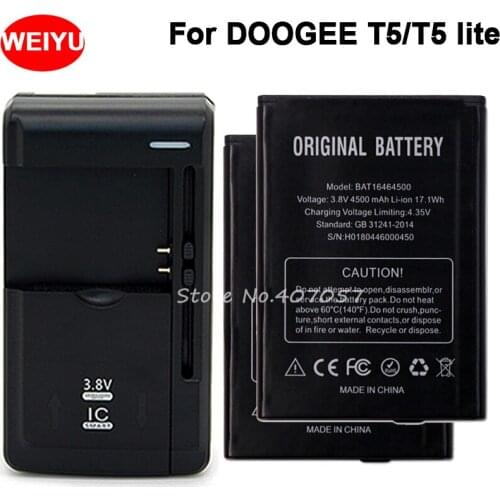 2PCS For DOOGEE T5 T5 lite Battery Batterie Bateria Batterij Accumulator BAT16464500 4500mAh+Universal Charger