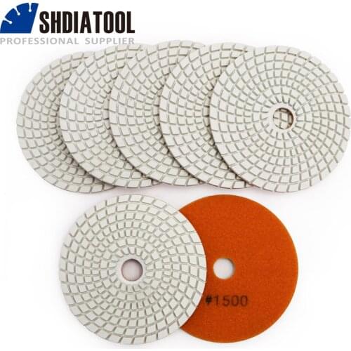 SHDIATOOL 7pcs 4" #1500 diamond wet flexible polishing pads for granite stone marble 100mm White bond grinding disc