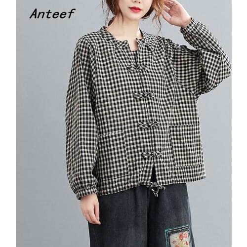 Anteef long sleeve cotton linen vintage plaid blouse Casual loose spring autumn tops women 2021 blouses button up shirt clothing