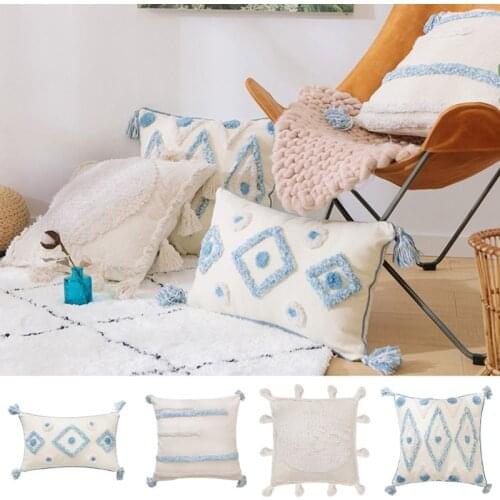 Null Nordic Moroccan Style Throw Pillow Case Woven Tufted Blue Cream Geometric Diamond Pattern Pompom Decorative Cushion Cover