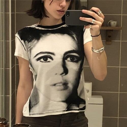 Portrait Print T-Shirt y2k Vintage Grunge Fairy Aesthetic Top Gothic Punk T-Shirts Women Summer Short Sleeve Tee Top 90s Vintage