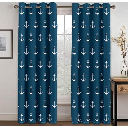 Blue Bottom and White Anchor Print Perforated Blackout Curtains for Living Room Bedroom Curtains Blackout 90% Machine Washable