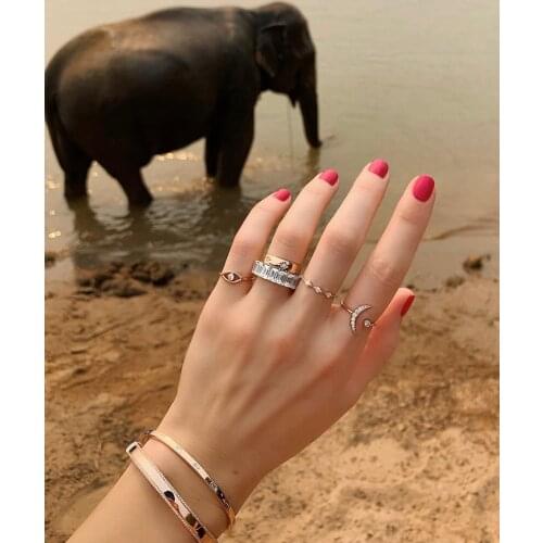 100% 925 sterling silver delicate minimal Crescent & moon cz paved rose gold Open Finger Ring For Women adjust trendy Jewelry