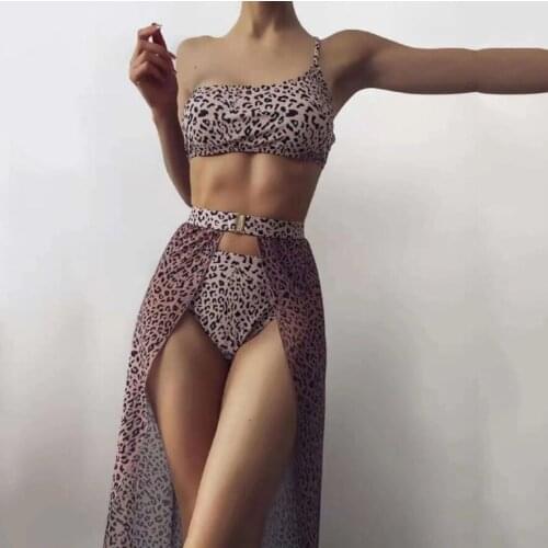 Leopard Print 3 Piece Bikini Set with Mesh Sarong Women Swimwear One Shoulder Swimsuit Bikinis 2021 Mujer Bathing Suit Beachwear