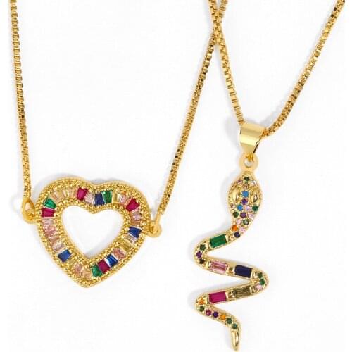 Crystal Snake Gold Chain Necklaces For Women CZ Cubic Zirconia Heart Pendant Necklace Pave Stone Rainbow Jewelry arcoiris nkeq87