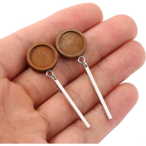 Reidgaller 5pairs 12mm round cabochon wood earring base blanks with trailer bar diy earrings bezel settings for jewelry making