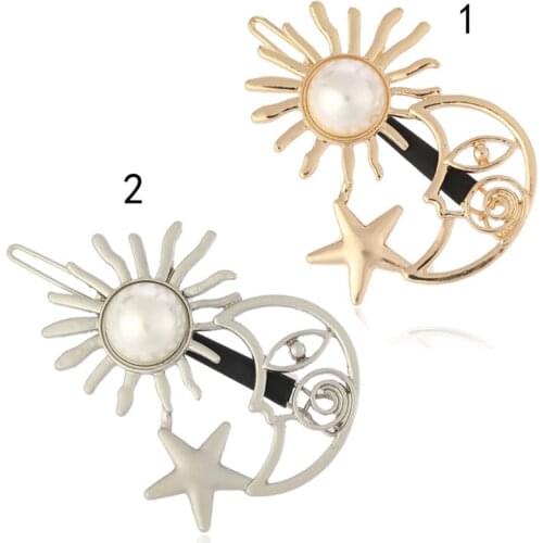 Cute Cartoon Sun Moon Star Bobby Pins Women Girls Polished Smooth Metallic Hair Clip Imitation Pearl Ethnic Side Bangs Hairpins