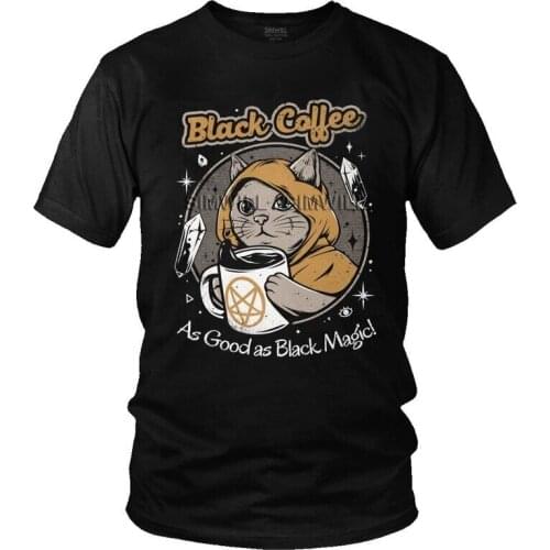 Mens Vintage Humor Cat T-Shirt Novelty Black Coffee As Good As Black Magic Tshirt Short Sleeve Unique T Shirt Cotton Tee Merch