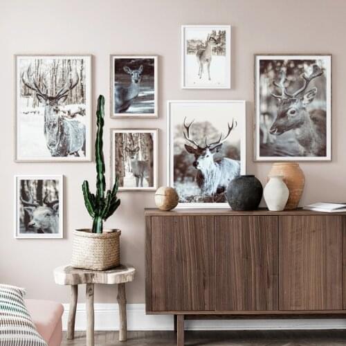 Deer Pine Forest Tree Snow Sence Winter Wall Art Canvas Painting Nordic Posters And Prints Wall Pictures For Living Room Decor