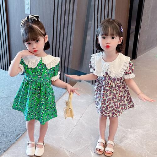 Girls summer dress western style new childrens floral short-sleeved skirt summer girl baby princess dress
