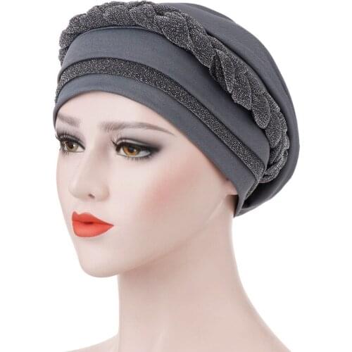 Attractive Muslim Women Silky Bright Wire Braid Turban Hat Cancer Chemo Beanies Cap Headwear Wrap Hair Loss Accessories