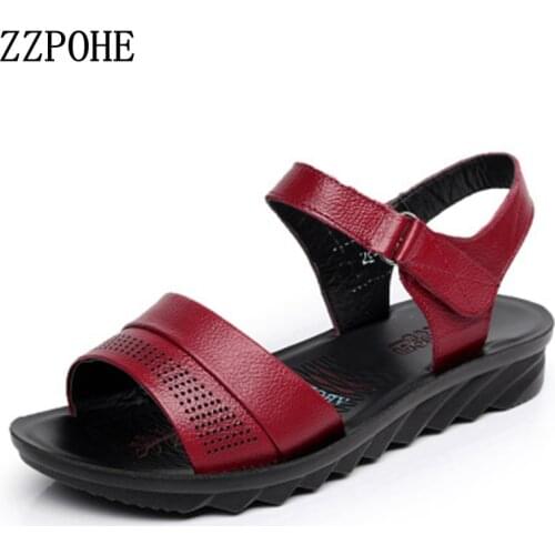 ZZPOHE Summer Beach Shoes Ladies Fashion Leather Flat Sandals Women Casual Comfortable Black Sandals elderly Soft bottom sandals