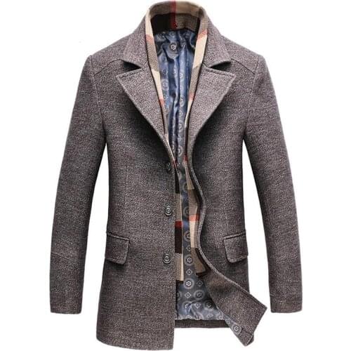 Woolen coat men winter thick windbreaker detachable scarf overcoat abrigo hombre male casual long jacket bussiness trench coats