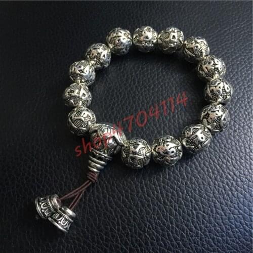 Tibetan Silver, Six-character True Word Buddha Bead Hand String, Exquisite Crafts Jewelry
