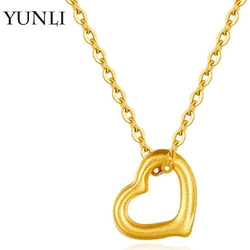 YUNLI Pure 999 Real 24K Gold Pendant Necklace Simple Heart Design With 18K Chain for Women Fine Jewelry Gift