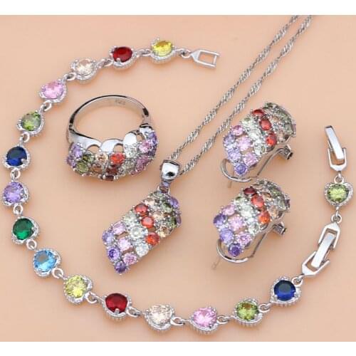 925 Silver Jewelry Multicolor Stones Cubic Zirconia Jewelry Sets for Women Earrings/Pendant/Necklace/Ring/Bracelet