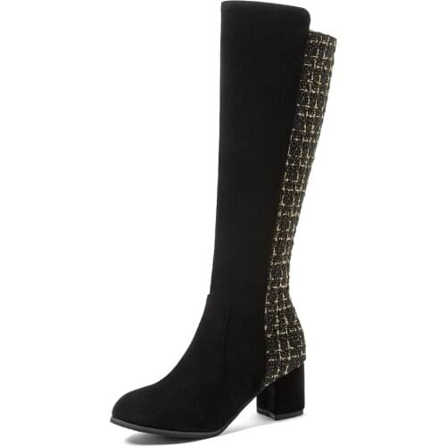 Oversized Suede Stitching Checkerboard Checkerboard High-Heeled Knee-Length Boots Nubuck Leather Thick-Heeled Plush Boot Apricot