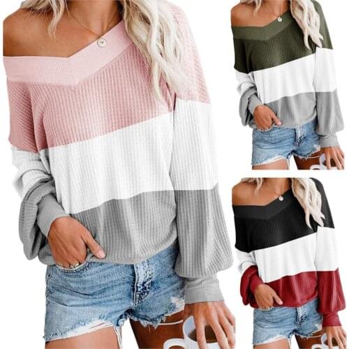 Woman Tshirts Autumn2021 New Tees Ladies v-neck Bat Sleeve Sweater Knit Stitching Loose t-shirts Harajuku T Shirt Women OMN8806