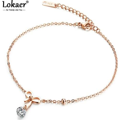 Lokaer New Design Trendy Bowknot Anklets Rose Gold Color Stainless Steel Women Ankle Jewelry With Cubic Zirconia Bracelet A19036