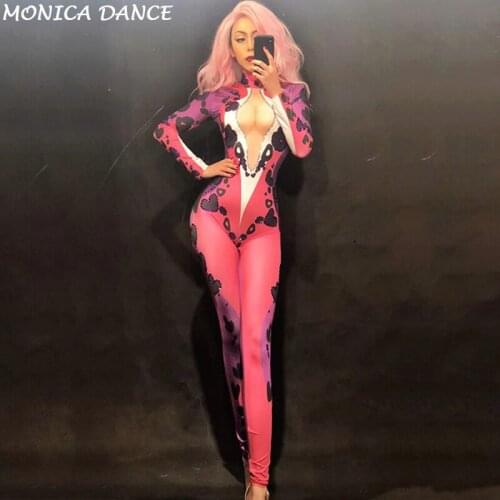 Women Sexy Nightclub Costumes for Singer Red 3D Printed Black Flower Sparkling Crystals Bodysuit Nightclub Costumes Custom-Made