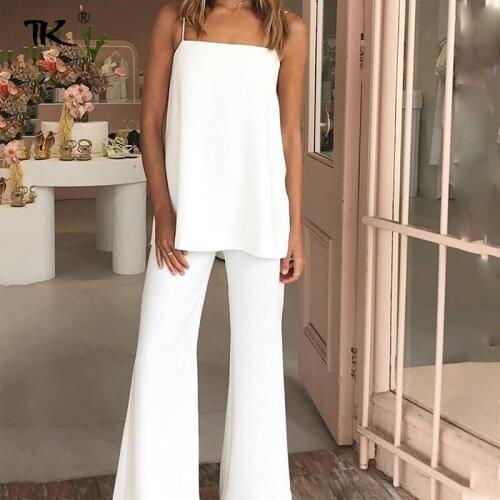 Solid Two Piece Set Womens Suit White Sling Top Wide-leg Pants Tracksuits For Women 2021 Summer New Office Ladies Casual Sets