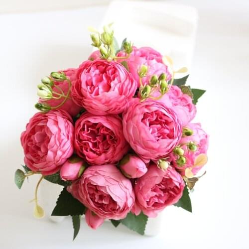 1 Bundle Silk Peony Artificial Flowers Wedding Party Decor 5 Heads Rose Bouquet Fake Flowers For Crafts Home Garden Decorative