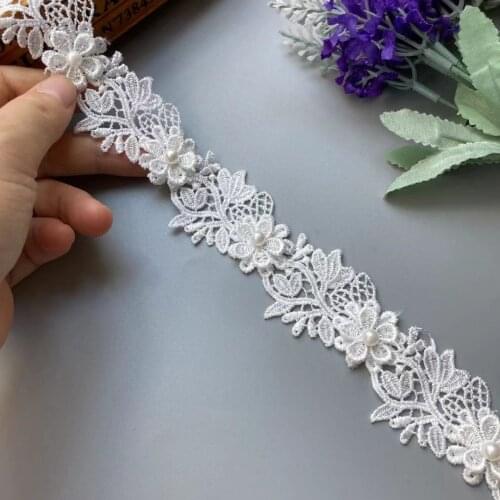 2 Yard White Pearl Flower Embroidered Soluble Polyester Fabric Lace Trim Ribbon Handmade Sewing Craft For Costume Hat Decoration