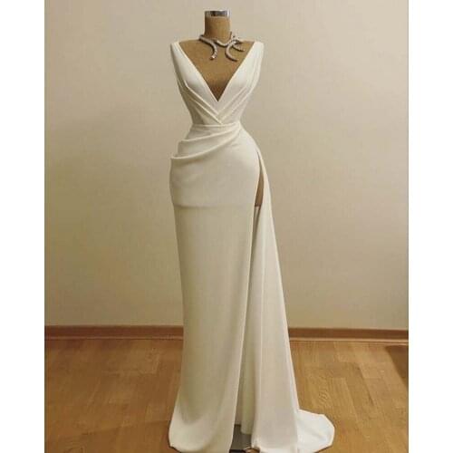 2020 Elegant Slit African Wedding Dresses V Neck Pleated Sleeveless Simple Satin Bridal Gown vestidos de noiva