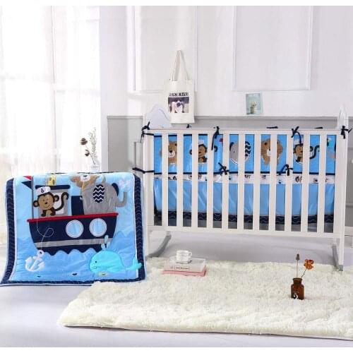 7PCS embroider Crib Baby Bedding Set Cot Bumper protector Cotton Cot Quilt kit de berço (4bumper+duvet+fitted sheet+bed skirt)