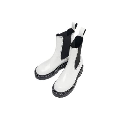 Western Black Ankle Boots For Women Med Thick Platform Punk Chelsea Boots Slip On Leather Bottine Femme Motorcycle Woman Shoes