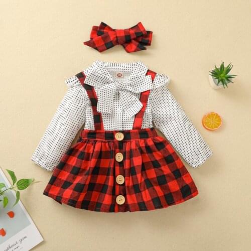 Princess Kids Baby Girls Three-piece Clothes Set Long Sleeve Bowknot Blouse+Plaid Printed Suspender Skirts+Headdress Infant Suit