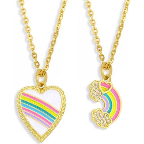 FLOLA Copper CZ Enamel Rainbow Necklace Gold Chain Heart Necklace Pendant For Women Wholesale Jewelry nkew33