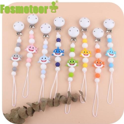 Fosmeteor White Wood Pacifier Clips BPA Free Silicone Nipple Pacifiers Holder Leash Strap Teethng Chain Mini Shark Molar Gift