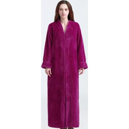 Fashion Solid Long Bathrobe Women Warm Thicken Zipper Robe Zipper Flannel Kimono Bath Robe Dressing Gowns Sleepwear Homewear