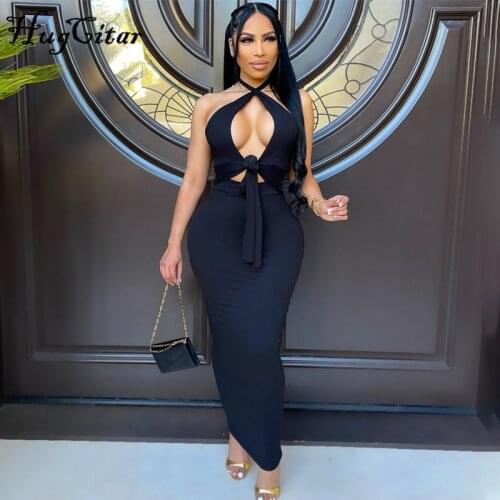 Hugcitar 2021 Solid Hollow Out Sleeveless Bandage Slim Bodycon Maxi Dress Summer Women Fashion Sexy Party Club Robe Y2K