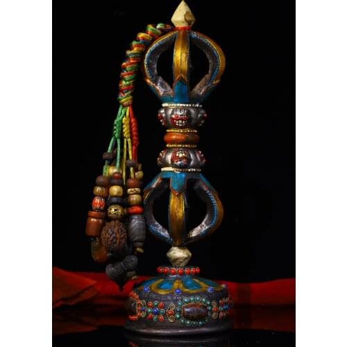 12"Tibet Temple Collection Old Tiantie Tracing Skull Dorje Vajra Phurpa Base set Pendant Town House Exorcism