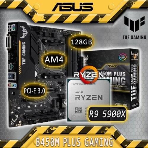 AM4 Asus TUF B450M-PLUS GAMING With AMD Ryzen 9 5900X Motherboard Combo Ryzen Kit 5900X AMD B450 Placa-mãe Kit AM4 HIFI AMD CPU