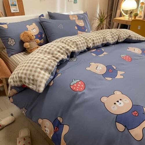 Cartoon Bedding Set Cotton Kids Adult Bed Linen Sheet Plaid Duvet Cover Pillowcase Children Student Dormitory Bedclothes