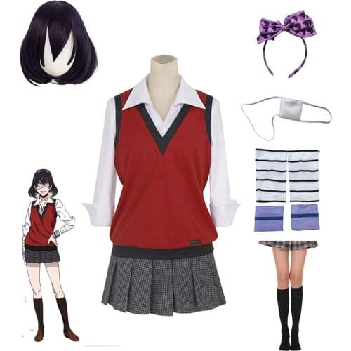MeetLife Ikishima Midari Cosplay Costume Anime Kakegurui Cosplay Wig Tops Skirt Set Uniform Outfit Headband Blindfold Socks