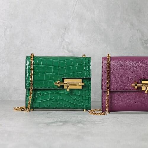 Crocodile pattern square bag small bag gold buckle chain type first layer cowhide 2020 autumn new pure color trend leather handb