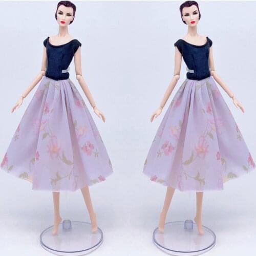 1:6 Kids Toy Fashion Doll Clothes For Barbie Doll Dress Outfits Blue Vest Top & Purple Floral Midi Skirt 1/6 Doll Accessories