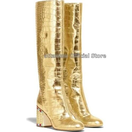 Fashion Gold Leather Pointed Toe Chunky High Heeled Boots Women Knee High Crystal Colorful Printed High Heel Shoes