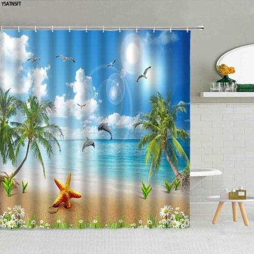 Starfish Beach Dolphins Scenery Shower Curtain Flowers Plant Seagulls Landscape Bathroom Supplies Fabric Home Decor With Hooks