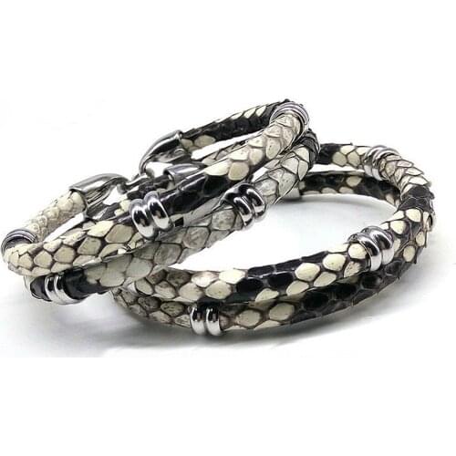 Mens Black Python Skin Leather Bracelets Real Python Skin Leather With Steel Buckle Bracelet With Beads Bracelet
