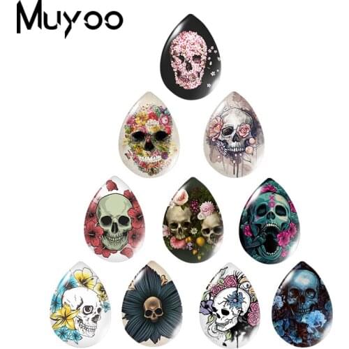 2020 New Skull Flowers Tear Drop Glass Cabochon Floral Skull Art Handmade Photo Jewelry DIY Accessories