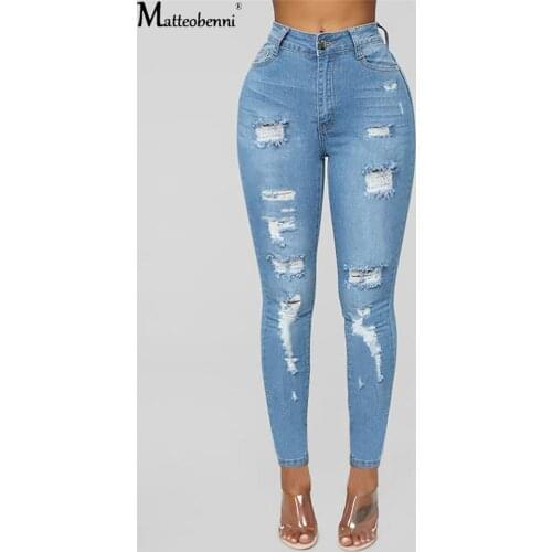 New Ladies Fashion Sexy High Waist Slim Jeans Ladies Light Blue Shabby Denim Street Jeans Ladies Casual Fashion Pencil Pants